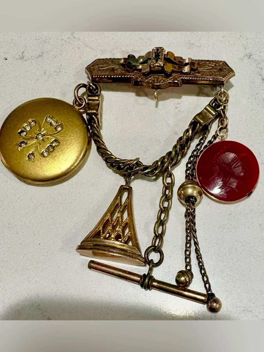 Antique Victorian 19thC Gold Chatelaine Brooch Locket Carnelian Fob Pin